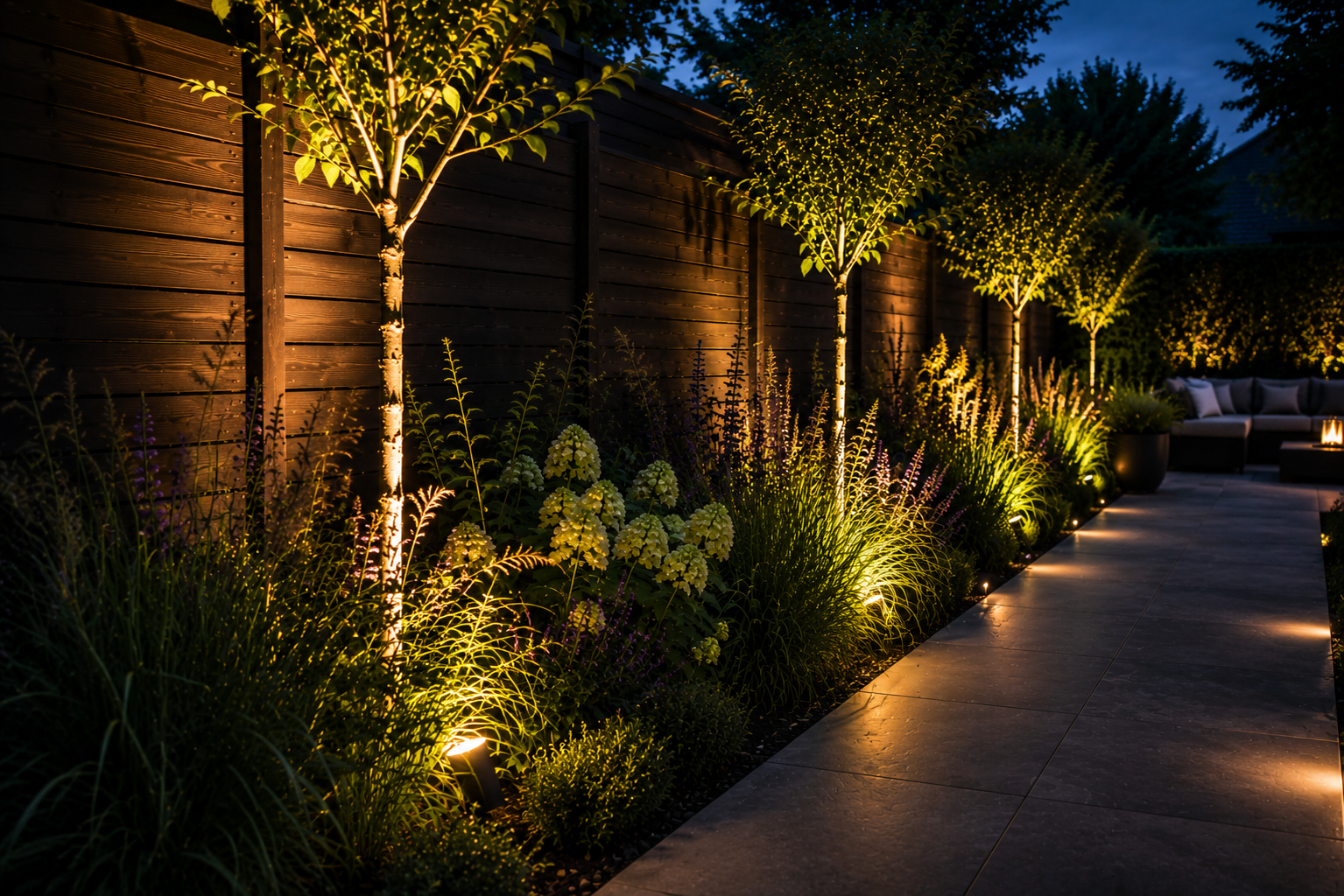 Schutting en bomen verlichting